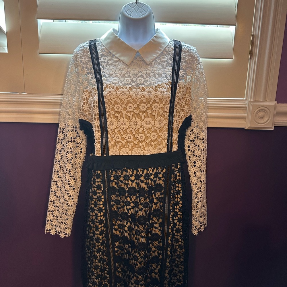 VENUS Black and White Sheath Dress with Bishop Sleeves